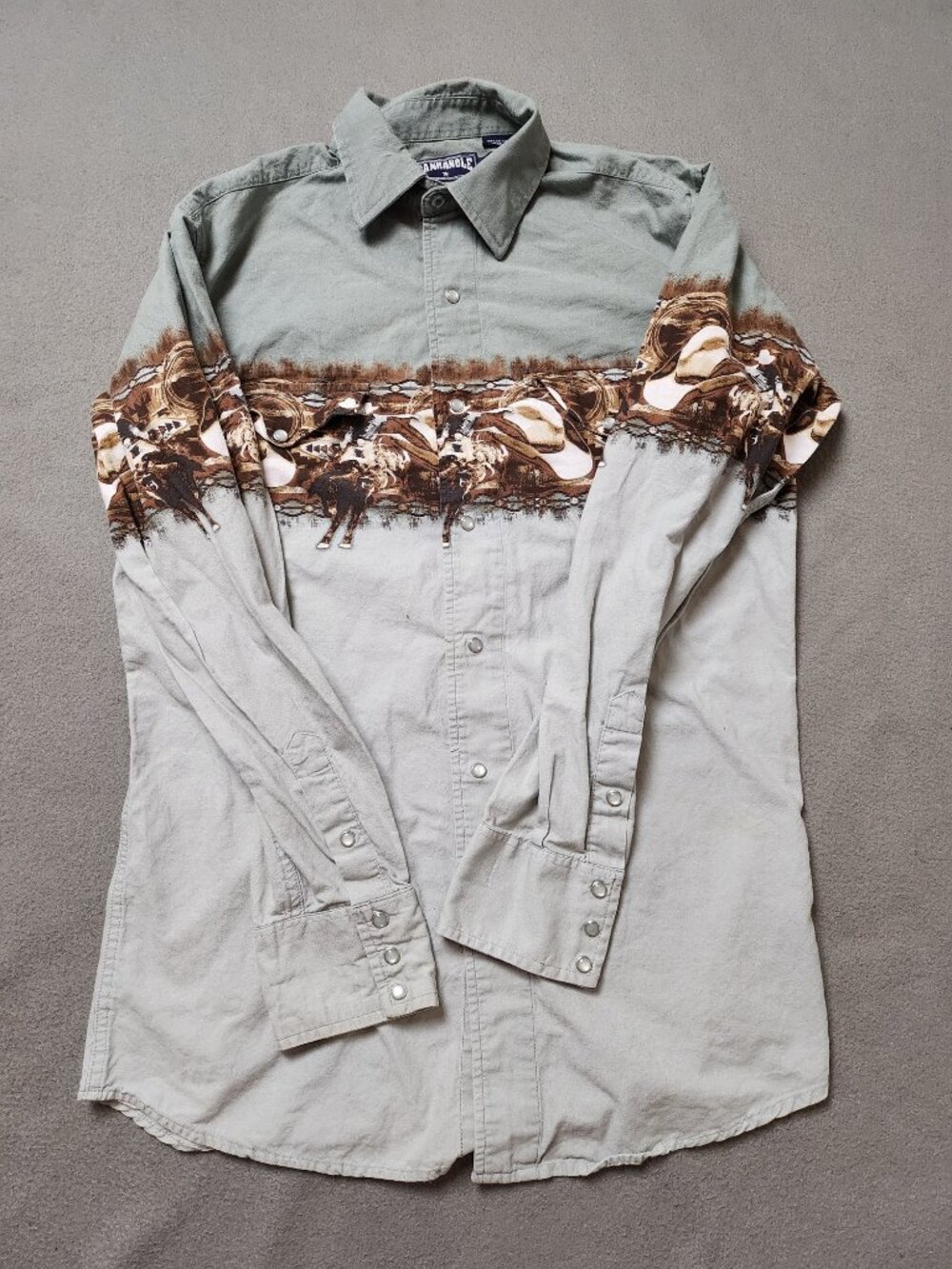 Panhandle Slim Men's M Pearl Snap Western Shirt Rodeo Bronc Border Print